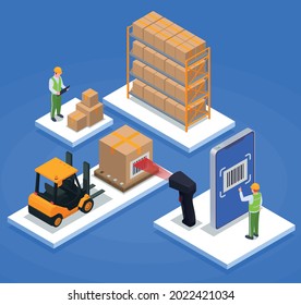 Modern warehouse isometric and colored concept worker reconciles boxes with bill of lading stand with boxes product scanning and stock car items on square racks vector illustration