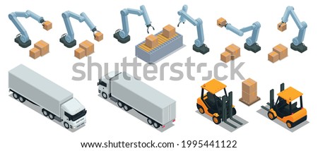 Modern warehouse isometric colored icon set robotic arm works on the production belt carries boxes truck and warehouse machine from two angles vector illustration