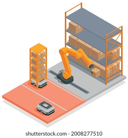 Concepto isométrico moderno de almacén brazo robótico clasifica y organiza cajas desde la correa de producción hasta la ilustración vectorial estante