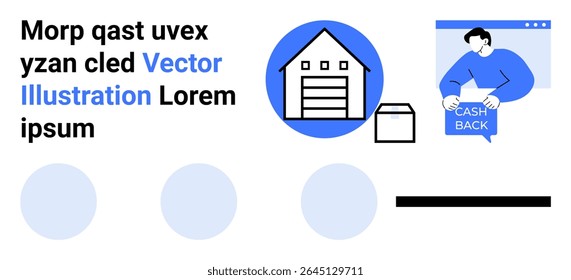 Armazém moderno com um pacote, pessoa segurando o banner de Cash Back, design simplista. Ideal para comércio eletrônico, logística, envio, marketing, armazenamento, atendimento ao cliente e promoções. Aterrissagem
