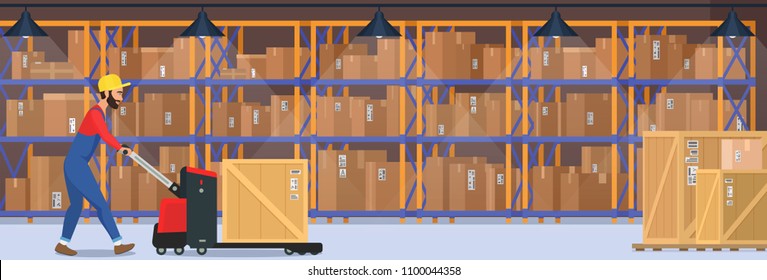 Modern warehouse vector interior with goods, pallet trucks and industrial worker who carrying dalivery box.