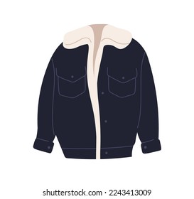 Modern warm jacket, winter and fall clothes with fur lining. Unisex garment, casual wearing, trendy outerwear for cold weather, season. Flat vector illustration isolated on white background