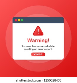 Modern warning pop up with flat design on red background. Vector stock illustration.