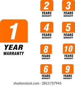 Modern warranty label collection featuring one year to ten years warranty badges. Perfect for ecommerce, product packaging, advertising, branding, retail promotions and commercial business designs.