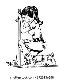 Modern warrior woman kneeling position and standing down the sword line art in vector illustration