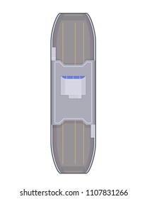 Modern warship, boat, ferry, marine transport. A shipping boat with a military training ground. Transportation of people and goods. Sea travel, marine object top view. Vector illustration.