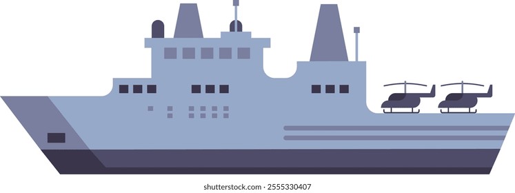 Modern warship carrying two helicopters represents naval power and military readiness, featuring a sleek and minimalist flat design that emphasizes strength and security