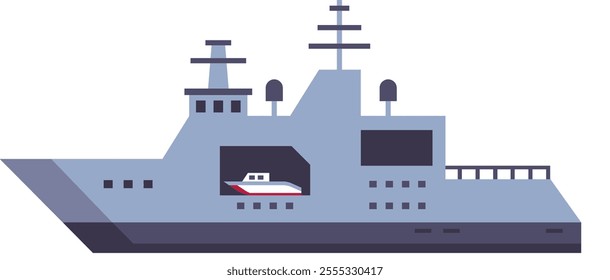 Modern warship housing a smaller boat within its hull, representing naval power, enhancing maritime security, and demonstrating advanced strategic deployment capabilities