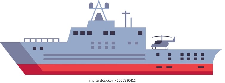 Modern warship sailing across ocean waters, featuring a helicopter stationed on deck, symbolizing naval power, maritime security, and military operations conducted at sea