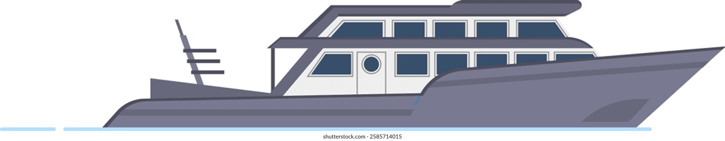 Modern warship sailing on calm water with clear sky, featuring multiple decks, windows, and a radar mast, conveying a sense of maritime security and naval power