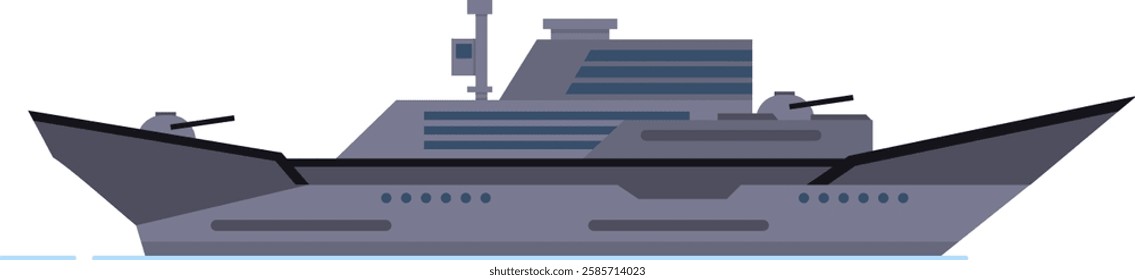 Modern warship sailing on calm sea, featuring cannons, radar antennas, and advanced technology, representing naval military power and maritime defense