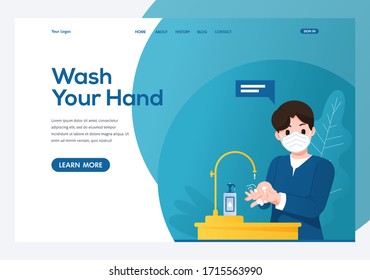 Modern Wash your Hand protect covid19  virus landing page design template. suitable for healt website covid19 virus.