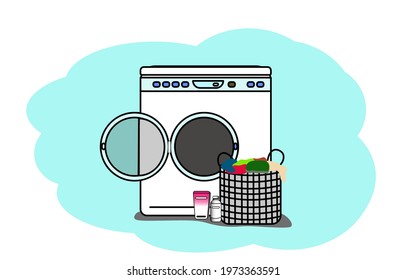 Modern washing machine with clothing in basket ,fabric softener and detergent at laundry room. Vector illustration flat style