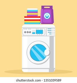 Modern Washing Machine Color Vector Illustration. Laundry Detergent, Washing Powder Package. Stack of Folded Towels Flat Clipart. Household Appliances Cartoon Design Element. Laundry, Bathroom