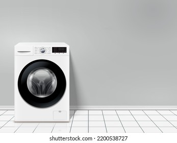 Modern washing machine in empty laundry room