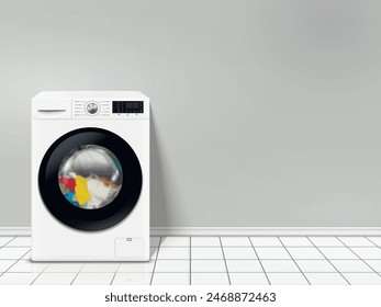 Modern washing machine in empty laundry room