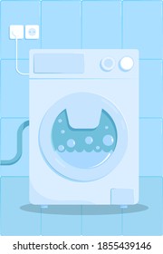 modern washing machine in flat style with shadow in bathroom. Household appliances. Isolated vector