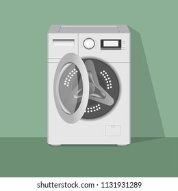 Modern washing machine. Front view of white steel washer.Vector illustration. Home appliances