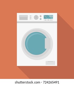 Modern washing machine, front view. Washer. Equipment for washing clothes. Household appliances. Isolated icon. Vector illustration in flat style.