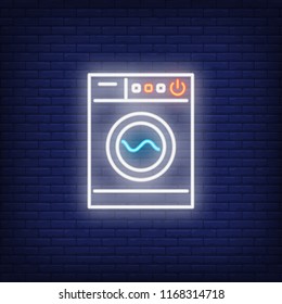 Modern washing machine neon sign. Laundry and housework concept. Advertisement design. Night bright neon sign, colorful billboard, light banner. Vector illustration in neon style.
