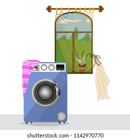 A modern washing machine on the background of a window with a transparent curtain and summer scenery behind the glass. Vector illustration
