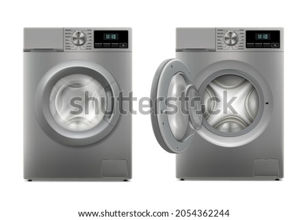 Modern washing machine with opened door and closed door, front view. Design Template of Wacher. Front View, Laundry Concept. 3D realistic vector ilusstration, isolated on white background