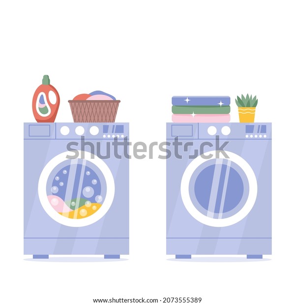 Modern washing machine and\
tumble dryer isolated on white background. Laundry basket. Washing\
clothes before and after housework service concept vector\
illustration. 