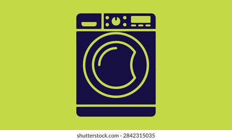 Modern washing machine vector graphic illustration featuring a bold dark blue appliance design isolated against a bright lime green background