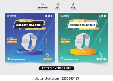 Moderna plantilla de banner web promocional de relojes empresariales con formas creativas. Diseño de afiche publicitario Smartwatch con colores azul y amarillo. Vean la venta de vectores de publicaciones en medios sociales para marketing.