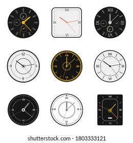 Cara de reloj moderna. Caras de escala redondeada de reloj, moderno reloj de 12 horas, reloj de medición de tiempo, símbolos de ilustración vectorial conjunto. Número de reloj, forma gráfica del temporizador