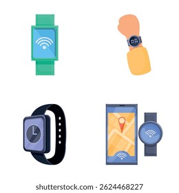 Modern watch icons set cartoon vector. Various smart watch with digital display. Electronic gadget