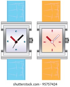 Modern watch on your wrist with a rectangular dial on black leather strap. Vector illustration.