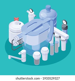 Modern Water Filtration System With Faucet Jug Bottle 3d Composition Isometric Vector Illustration