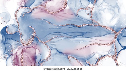 Fondo acuático moderno con olas de rosa y azul polvoriento abstracto y salpicaduras de oro rosa. Perfecto para cumpleaños o invitación a la boda, pancarta, afiche, volante y folleto.