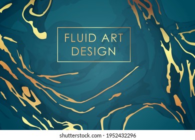 Modern watercolor background or elegant card design for birthday invite or wedding or menu with abstract turquoise green ink waves and golden streaks. Colored with overlay layers, easy to recolor.