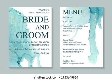 Modern watercolor background or elegant card design for birthday invite or wedding or menu with abstract teal ink waves and golden splashes on a white. Colored with overlay layers, easy to recolor.