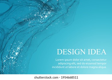 Modern watercolor background or elegant card design for birthday invite or wedding or menu with abstract blue ink waves and silver splashes. Colored with overlay layers, easy to recolor.