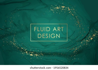 Modern watercolor background or elegant card design for birthday invite or wedding or menu with abstract sea green ink waves and golden splashes. Colored with overlay layers, easy to recolor.