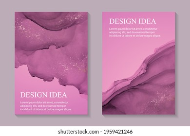 Modern watercolor background or elegant card design for birthday invite or wedding or menu with abstract pink ink waves and golden splashes or glitter. Colored with layers, easy to recolor.