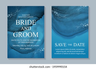 Modern Watercolor Background Or Elegant Card Design For Birthday Invite, Wedding Or Menu With Abstract Blue Ink Waves And Silver Splashes Of Glitter. Colored With Overlay Layers, Easy To Recolor.