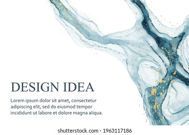 Modern watercolor background or elegant card design for birthday invite or wedding or menu with abstract teal ink waves and golden splashes on a white. Colored with overlay layers, easy to recolor.