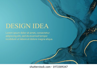 Modern watercolor background or elegant card design for birthday invite or wedding or menu with abstract blue ink waves and golden splashes.