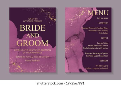 Modern watercolor background or elegant card design for birthday invite or wedding or menu with abstract pink ink waves and golden splashes.