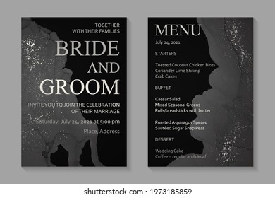 Modern watercolor background or elegant card design for birthday invite or wedding or menu with abstract black and gray waves and silver splashes.