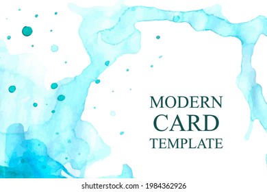 Modern watercolor background or elegant card design or wallpaper or poster with abstract teal blue ink waves and splashes on a white.