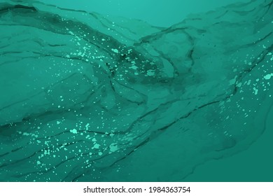 Modern watercolor background or elegant card design or wallpaper or poster with abstract green ink waves and splashes.