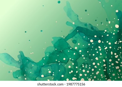 Modern watercolor background or elegant card design or wallpaper or poster with abstract green ink waves and golden splashes.