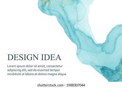 Modern watercolor background or elegant card design or wallpaper or poster with abstract blue ink waves and golden splashes on a white.