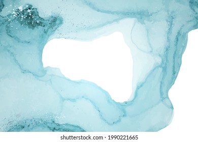 Modern watercolor background or elegant card design or wallpaper or poster with abstract blue ink waves and silver splashes on a white.