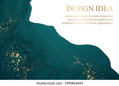 Modern watercolor background or elegant card design or wallpaper or poster with abstract turquoise green ink waves and golden splashes on a white.